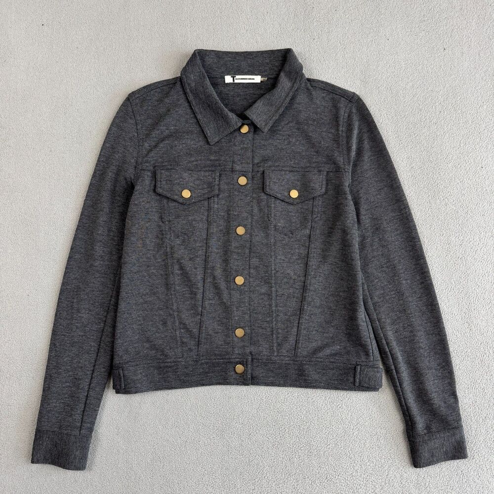 T by Alexander Wang Jacket Size S Womens Grey Textured Knit Trucker Button Up